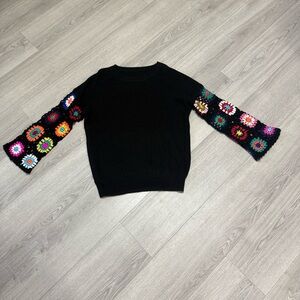 Vintage Style Black Sweater with Multicolor Crochet Bell Sleeves